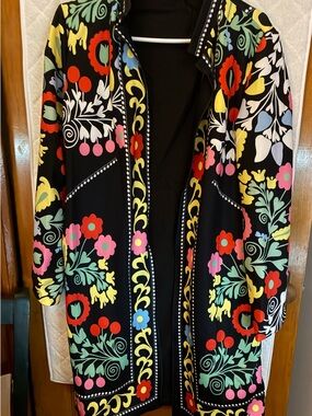 Black Floral Print Women's Open Front Coat